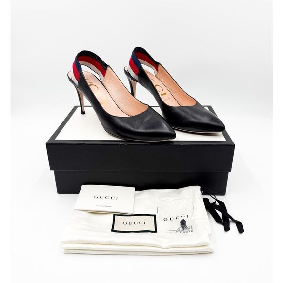 Gucci Sylvie Pumps Web Stripe Black Leather Slingback Heels Size 40, 10 - Picture 1 of 14